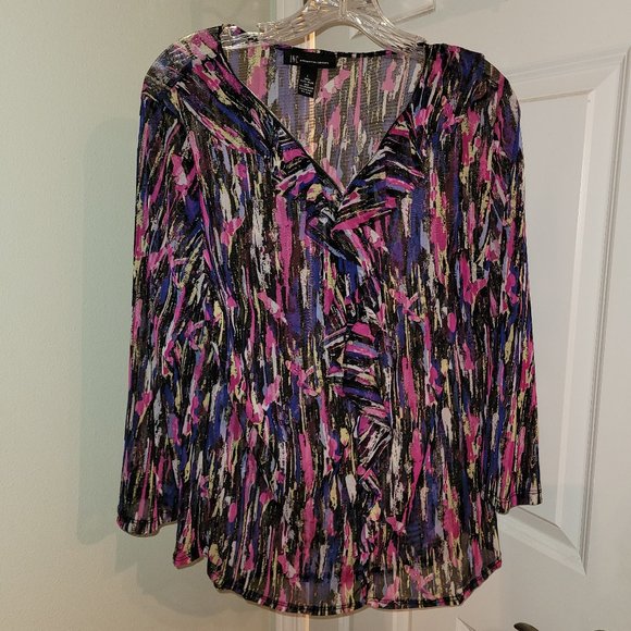 INC Semi-Sheer Blouse Black Pink Abstract Print L - Picture 1 of 8